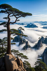  Mountains shrouded in clouds of blue and white smoke, with forests stretching into the distance and clear skies.