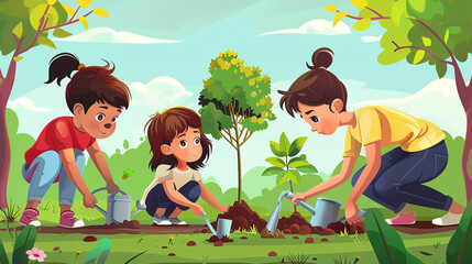 Kids planting trees in a community park on Children's Day, with small shovels and watering cans, contributing to a greener planet.