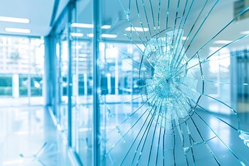 Close up view of vandalized office window with shattered glass vandalism or accident concept