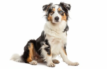 An attentive Australian Shepherd sits up, its tri-colored coat beautifully groomed. The dog's focused expression reflects its responsive and trainable nature.