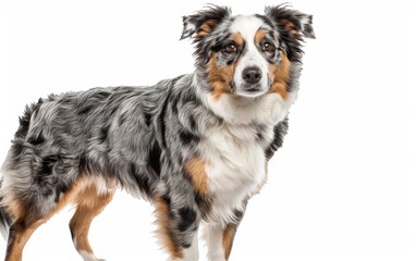 An Australian Shepherd gazes with piercing focus, its tricolor coat striking against the white backdrop. The dog exudes intelligence and a keen sense of awareness.