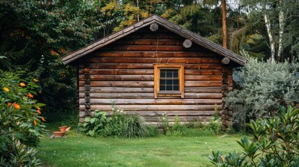 Side view a old rustic wooden log cabin surrounded by lush grass and plants. AI generated image