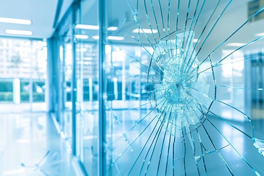 Close up view of vandalized office window with shattered glass   vandalism or accident concept