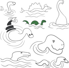 Many different dinosaurs in the water. Waterfowl ancient lizards hide or swim in the water element.