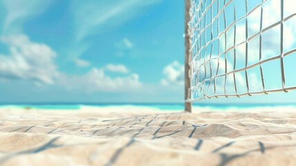 A detailed view of a beach volleyball court with a clear blue sea in the background, no players in the scene, focusing on the net and the untouched sand.