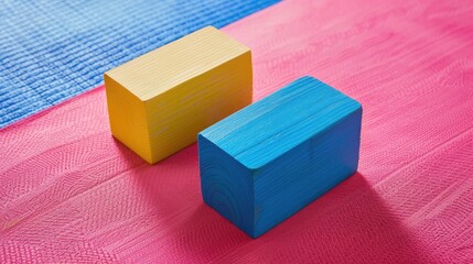On the vibrant pink yoga mat two vivid blocks one in sunny yellow and the other in ocean blue await their role in a rejuvenating yoga session in honor of the International Day of Yoga on Ju