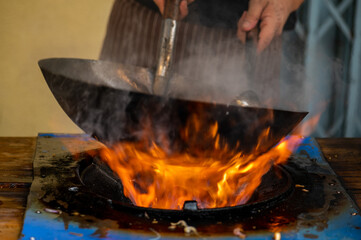 Pad Thai favorite and famous Asian Thai street fast food in hot pan, Pad Thai is stir fried rice...