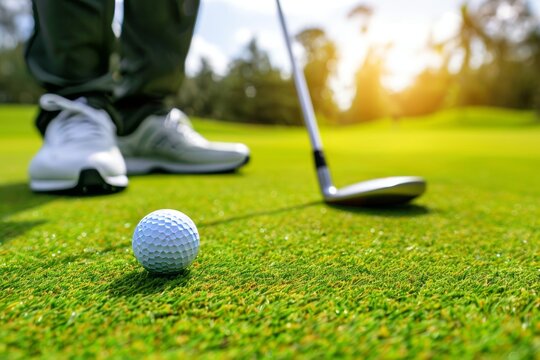 Golfer s intense focus aligning putt, showcasing olympic sport precision on the green