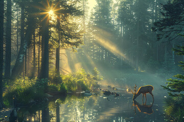 Young deer in a misty forest drinking from a stream with sunbeams. High-resolution wildlife...