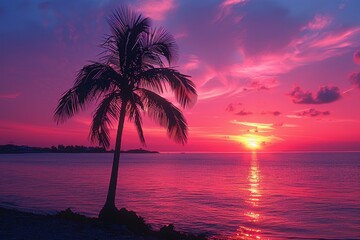 Palm Tree on Tropical Beach: Silhouetted against a colorful sunset backdrop.