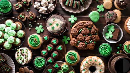 Picture a festive St Patrick s Day spread set against a rich dark wood backdrop featuring an assortment of delightful treats like shamrock shaped cookies green frosted cupcakes tempting brow
