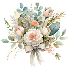 Watercolor illustration card with boho flowers bouquet. Isolated on transparent background. Perfect for card, postcard, tags, invitation, printing, wrapping.