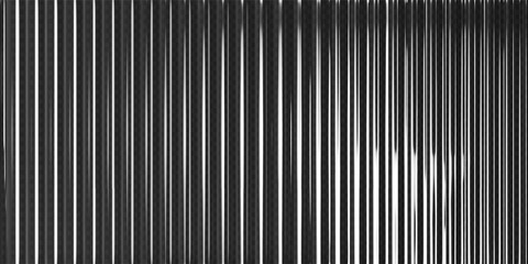3d transparent ribbed glass background with refraction effect. Reeded glass with black and white gradient. Render of corrugated wall with overlay reflection light on dark. 3d vector background