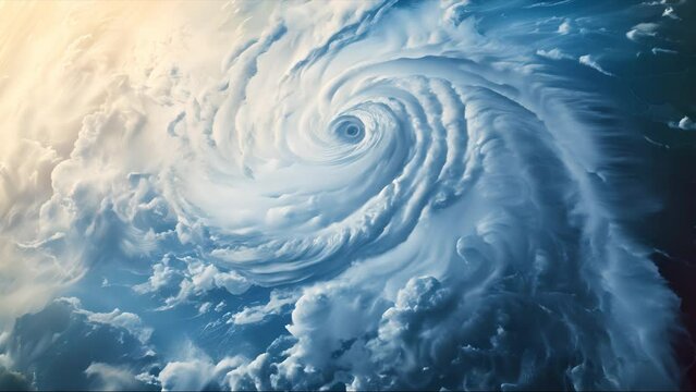 View of hurricane storm clouds as seen from space. Massive scale and swirling motion of the storm, providing a unique perspective on the natural power and beauty of such weather phenomena