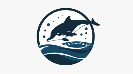 Obraz premium Dolphin Logo with Waves and Bubbles in Circular Design