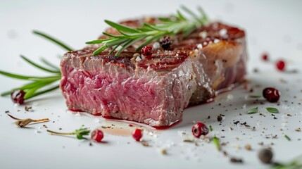 Fototapeta premium Artistic presentation of a premium goat steak, focused on texture and plating details, isolated background with studio lighting