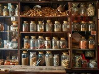 A traditional Chinese herbal shop with dried goods and jars filled with various medicinal herbs - Powered by Adobe