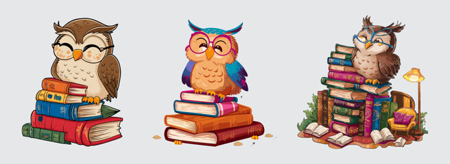 Naklejka premium Happy owl with glasses on books vector, Generative AI