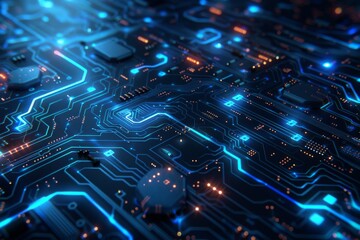 A close up of a circuit board with blue and orange lights