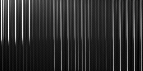3d transparent ribbed glass background with refraction effect. Reeded glass with black and white gradient. Render of corrugated wall with overlay reflection light on dark. 3d vector background
