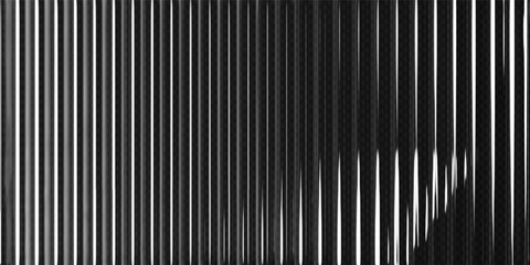 3d transparent ribbed glass background with refraction effect. Reeded glass with black and white gradient. Render of corrugated wall with overlay reflection light on dark. 3d vector background © janevasileva