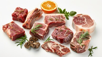 Artistic close-up of various cuts of pig steak, emphasizing their unique characteristics and suitability for diverse flavor preferences, isolated background