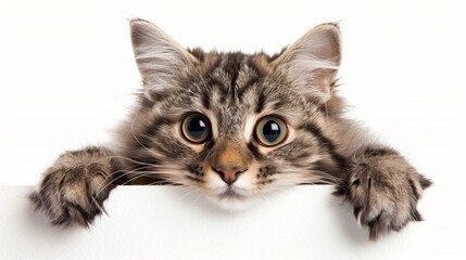 Obraz premium cat peeks out on a white background.