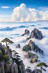  Mountains shrouded in clouds of blue and white smoke, with forests stretching into the distance and clear skies.