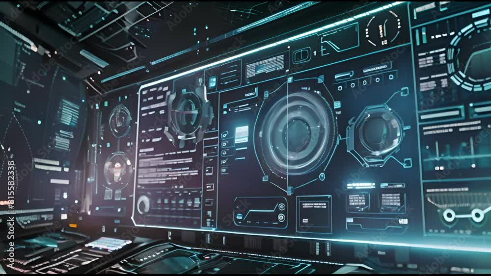 Fototapete HUD interface. Technical futuristic sci fi display with code text. Blue Hi Tech template for your video.
