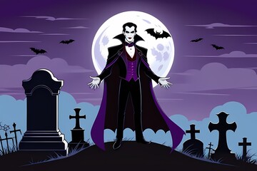 halloween background scene with Dracula and bats in graveyard illustration