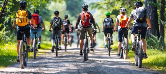 Group of cyclists enjoying a scenic ride together along a picturesque rural dirt road