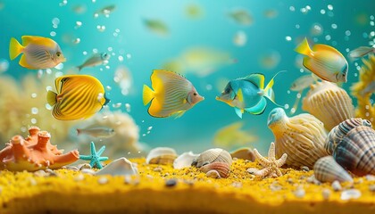 Aquarium Month Concept Abstract Colorful Fish Swim Yellow Sand Shells Starfish Crabs