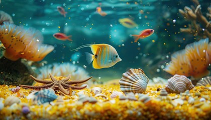 Aquarium Month Concept Abstract Colorful Fish Swim Yellow Sand Shells Starfish Crabs