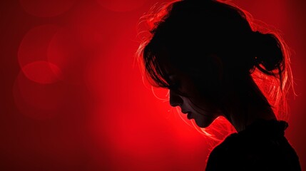 Dramatic silhouette of a young woman highlighted by intense red backlighting, creating a mysterious and moody atmosphere.