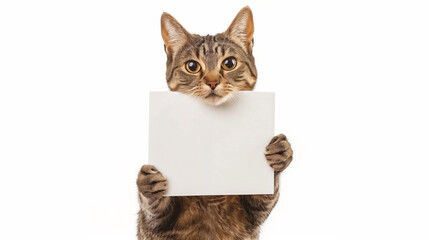 cute cat Holding Blank Sign isolated on white background 