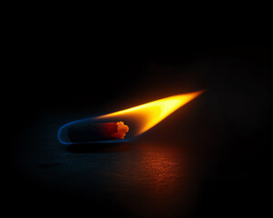 Dramatic close-up of a matchstick at the moment of ignition, with a vivid flame trail and soft blue smoke against a dark background.