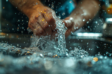 Plumbing fix image of hands repairing a leaky kitchen sink, close up, problemsolving theme, dynamic, Double exposure, family kitchen