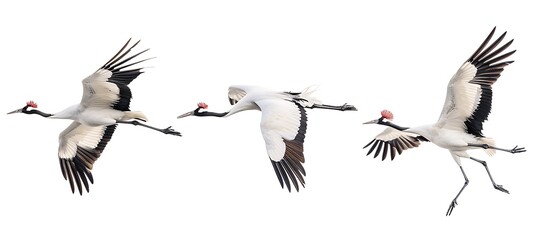 Obraz premium 3 red-crowned cranes flying in different directions, on a pure white background, in the style of high definition photography, at a high resolution, of high quality