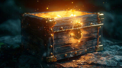 Wooden treasure chest with light on dark background