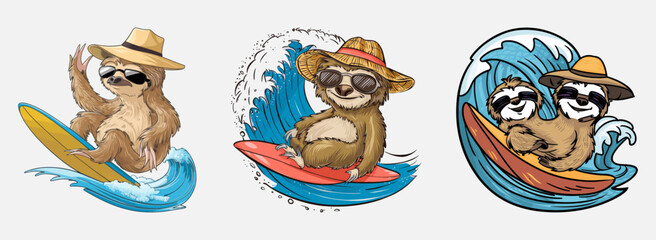 Chill sloth riding waves happily vector, Generative AI