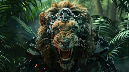 Cyborg lion head robot looking forward against forest background. AI generated image