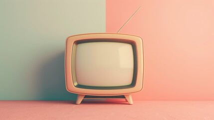 Vintage TV box on wooden table and pastel color background.