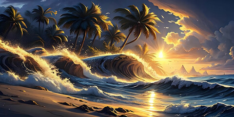 A tropical beach, the waves crashing against the shore in a satisfying display of power, the water sparkling in the sunlight