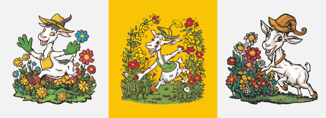 Happy goat caring for flowers vector, Generative AI