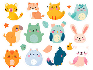 Obraz premium A collection of whimsical animal illustrations in sticker form, including foxes, owls, and bears, with vibrant colors and fun expressions, white background for removing background