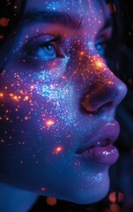 Quantum entanglement illustration, purple and blue hues, close up on entangled particles, vivid colors, Double exposure silhouette with a cosmic nebula