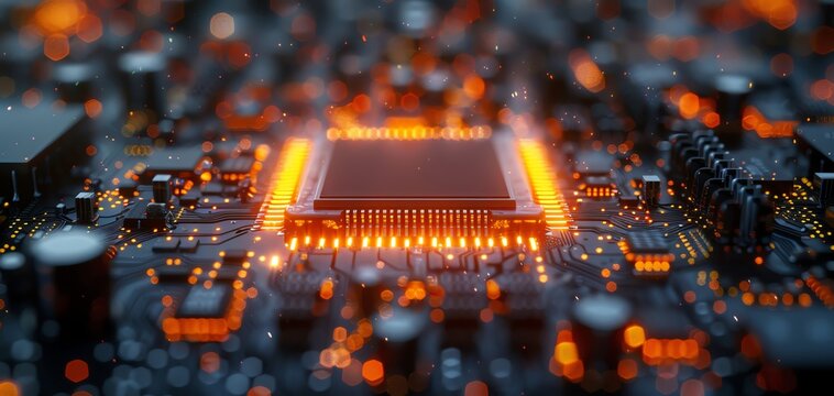 Quantum processor chip, vibrant orange and black, close up on quantum gates, vivid colors, Double exposure silhouette with a sunburst