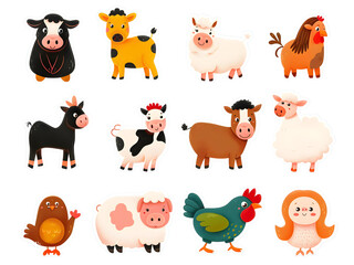 A series of farm animal stickers with illustrations of cows, pigs, chickens, and sheep, depicted in a cute and fun manner, ideal for educational purposes and playful labeling, white background for