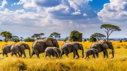 Herd of Elephants in Africa walking through the grass in Tarangire National Park Tanzania :...