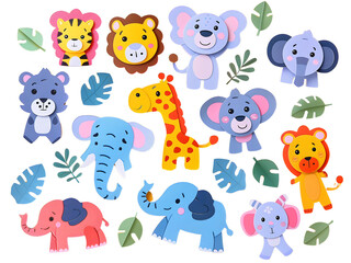 Obraz premium An array of cartoon-style animal stickers including lions, tigers, elephants, and giraffes, designed with vibrant colors and adorable expressions, ideal for kids' crafts, white background for
